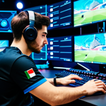 A focused, young adult Italian professional e-sports player, male, wearing a clean, modest e-sports team jersey with a subtle Italian flag emblem, fully clothed. He is sitting at a high-tech gaming station in a brightly lit, modern e-sports arena, with futuristic LED screens in the background displaying abstract game graphics. The player is engaged in intense gameplay, hands on a mouse and keyboard, in a natural pose. Perfect anatomy, correct proportions, well-formed hands, proper finger count, professional photography, high quality, cinematic lighting, vibrant colors, detailed textures, safe for work, appropriate content, fully clothed, professional dress.