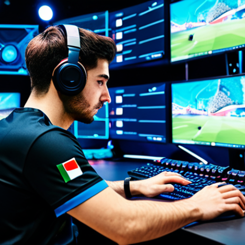 A focused, young adult Italian professional e-sports player, male, wearing a clean, modest e-sports team jersey with a subtle Italian flag emblem, fully clothed. He is sitting at a high-tech gaming station in a brightly lit, modern e-sports arena, with futuristic LED screens in the background displaying abstract game graphics. The player is engaged in intense gameplay, hands on a mouse and keyboard, in a natural pose. Perfect anatomy, correct proportions, well-formed hands, proper finger count, professional photography, high quality, cinematic lighting, vibrant colors, detailed textures, safe for work, appropriate content, fully clothed, professional dress.