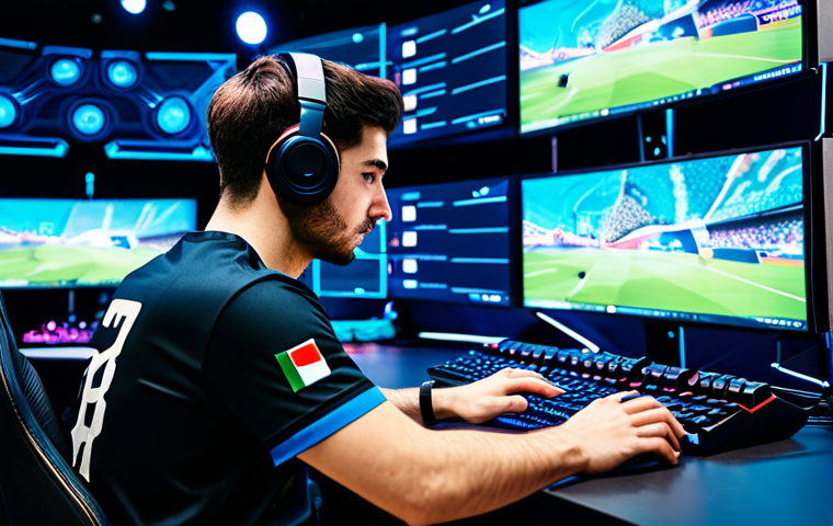 A focused, young adult Italian professional e-sports player, male, wearing a clean, modest e-sports team jersey with a subtle Italian flag emblem, fully clothed. He is sitting at a high-tech gaming station in a brightly lit, modern e-sports arena, with futuristic LED screens in the background displaying abstract game graphics. The player is engaged in intense gameplay, hands on a mouse and keyboard, in a natural pose. Perfect anatomy, correct proportions, well-formed hands, proper finger count, professional photography, high quality, cinematic lighting, vibrant colors, detailed textures, safe for work, appropriate content, fully clothed, professional dress.