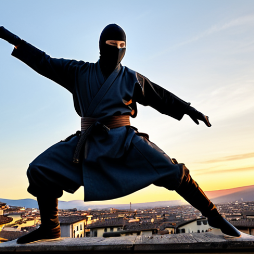 A Ninja in Firenze**

"A professional ninja, fully clothed in modest, dark grey traditional attire, leaping across the rooftops of Florence at sunset, safe for work, appropriate content, perfect anatomy, natural proportions, professional digital art, dynamic pose, well-formed hands, proper finger count, family-friendly"

**