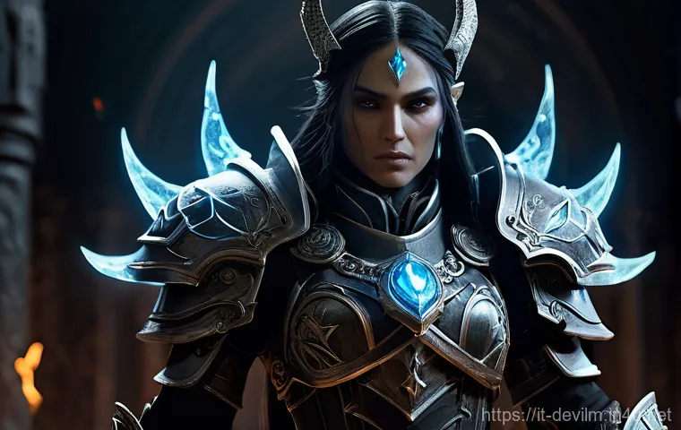 데블 M PvP 공략 - **A Necromancer Commanding the Undying Frontline:**
    "A formidable female Necromancer in ornate, ...