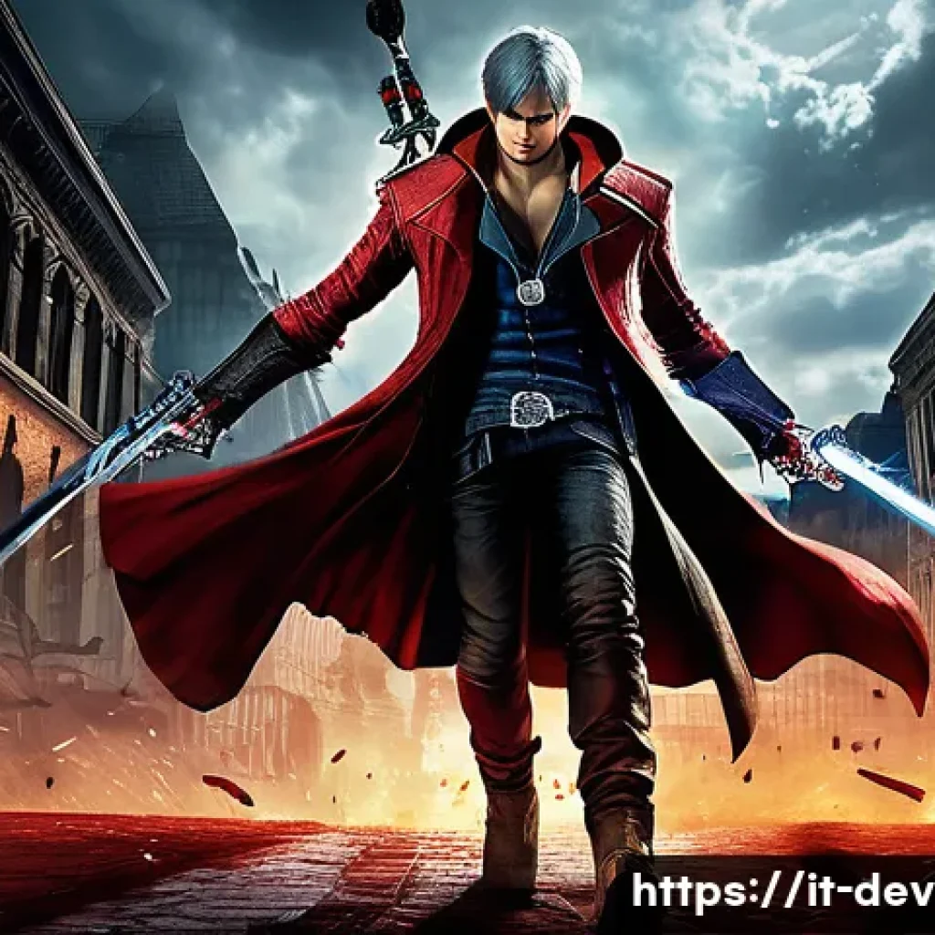 데블 M 플레이 가이드 PDF - A dynamic action scene featuring Dante from Devil May Cry in mid-combat, wielding his iconic Rebelli...