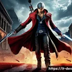 데블 M 플레이 가이드 PDF - A dynamic action scene featuring Dante from Devil May Cry in mid-combat, wielding his iconic Rebelli...