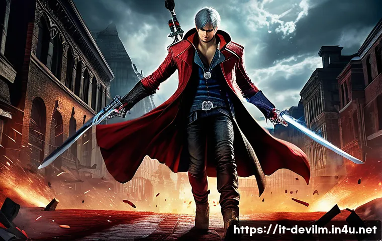데블 M 플레이 가이드 PDF - A dynamic action scene featuring Dante from Devil May Cry in mid-combat, wielding his iconic Rebelli...