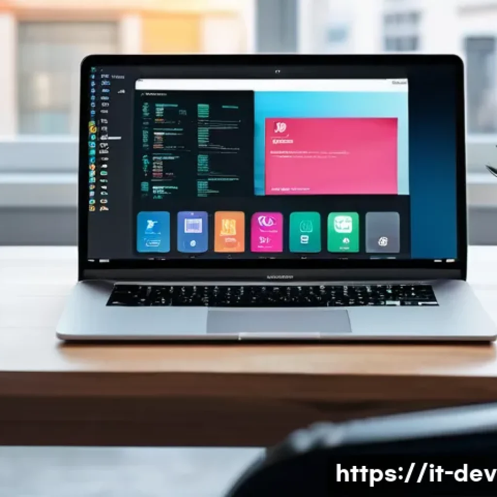 데블 M 크로스 플랫폼 지원 - A modern software developer&rsquo;s workspace featuring multiple devices including a Windows laptop, a Mac...