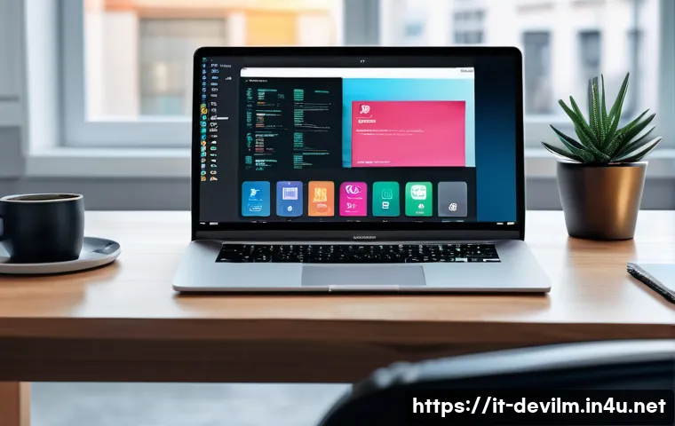 데블 M 크로스 플랫폼 지원 - A modern software developer’s workspace featuring multiple devices including a Windows laptop, a Mac...