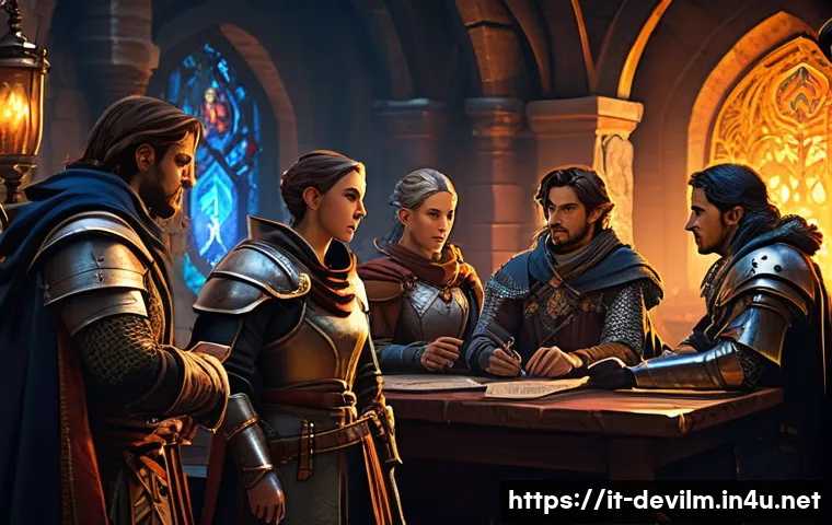 데블 M 길드 시스템 - A dynamic guild chat scene inside a fantasy MMORPG interface, showing diverse characters exchanging ...