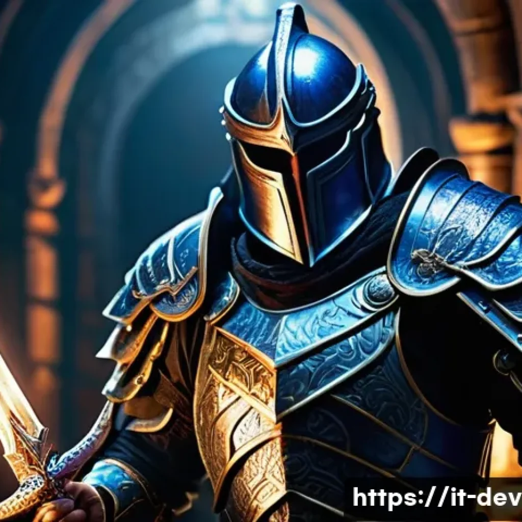 데블 M 아이템 등급 - A high-level fantasy warrior clad in an elaborate full armor set, featuring intricate engravings and...
