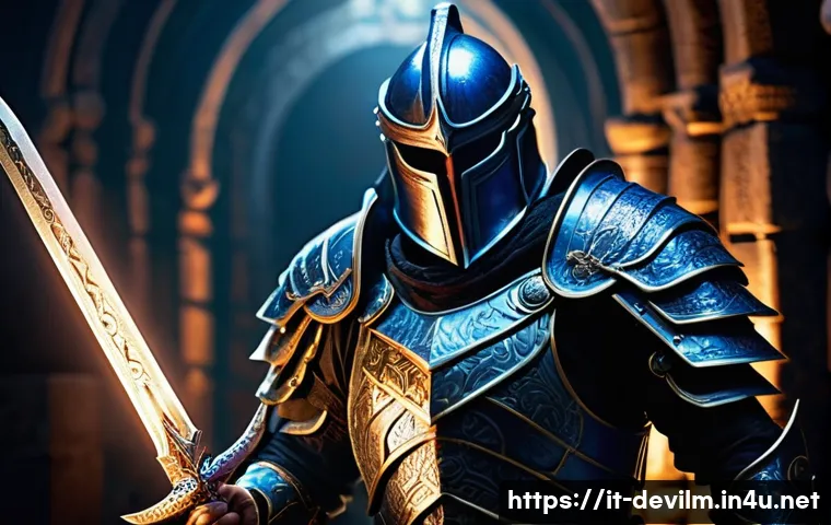데블 M 아이템 등급 - A high-level fantasy warrior clad in an elaborate full armor set, featuring intricate engravings and...