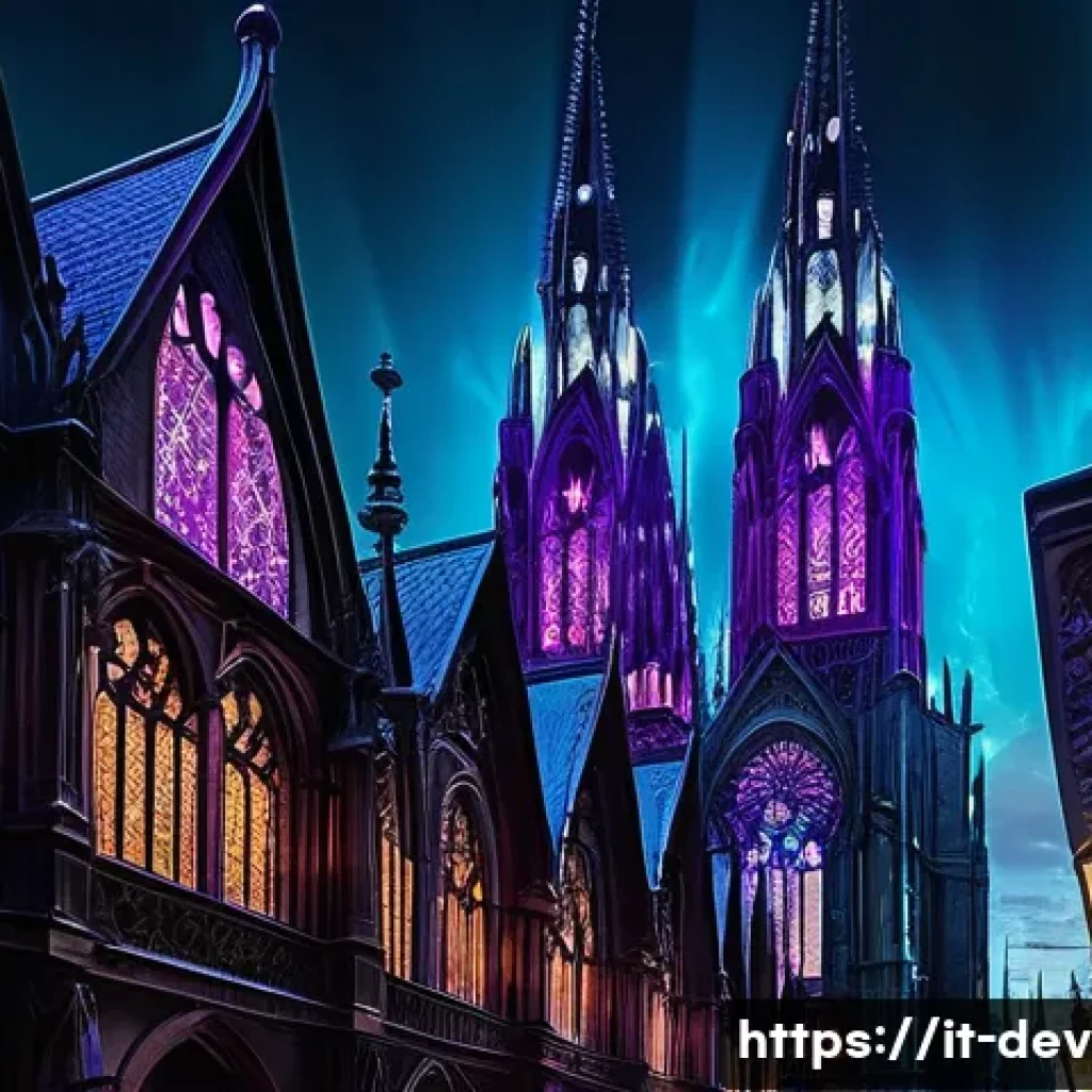 데블 M 아트워크 및 컨셉 디자인 - A striking gothic-modern cityscape blending ancient cathedral architecture with futuristic urban ele...