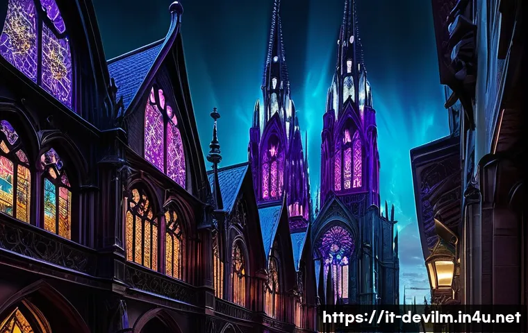 데블 M 아트워크 및 컨셉 디자인 - A striking gothic-modern cityscape blending ancient cathedral architecture with futuristic urban ele...