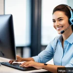 Home 21 데블 M 고객센터 문의 방법 - A professional customer service representative sitting at a modern office desk, wearing a headset an...