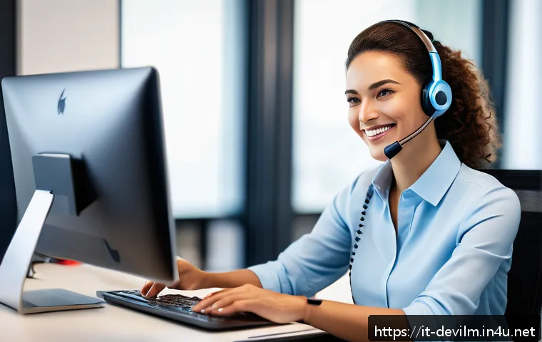 데블 M 고객센터 문의 방법 - A professional customer service representative sitting at a modern office desk, wearing a headset an...