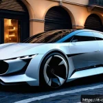 Home 20 데블 M 탈것 정보 및 획득법 - A futuristic hybrid car named Debl M showcased in an urban Italian setting at dusk, featuring aerody...