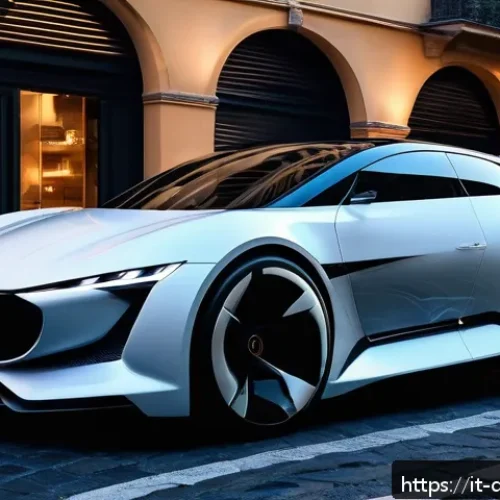 Home 32 데블 M 탈것 정보 및 획득법 - A futuristic hybrid car named Debl M showcased in an urban Italian setting at dusk, featuring aerody...