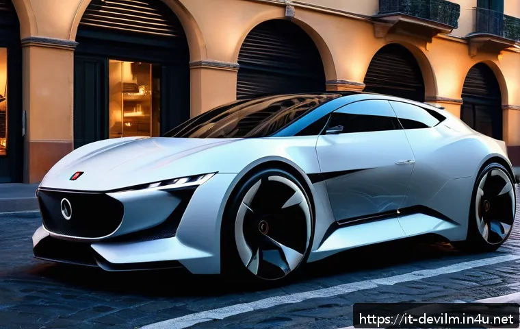 데블 M 탈것 정보 및 획득법 - A futuristic hybrid car named Debl M showcased in an urban Italian setting at dusk, featuring aerody...