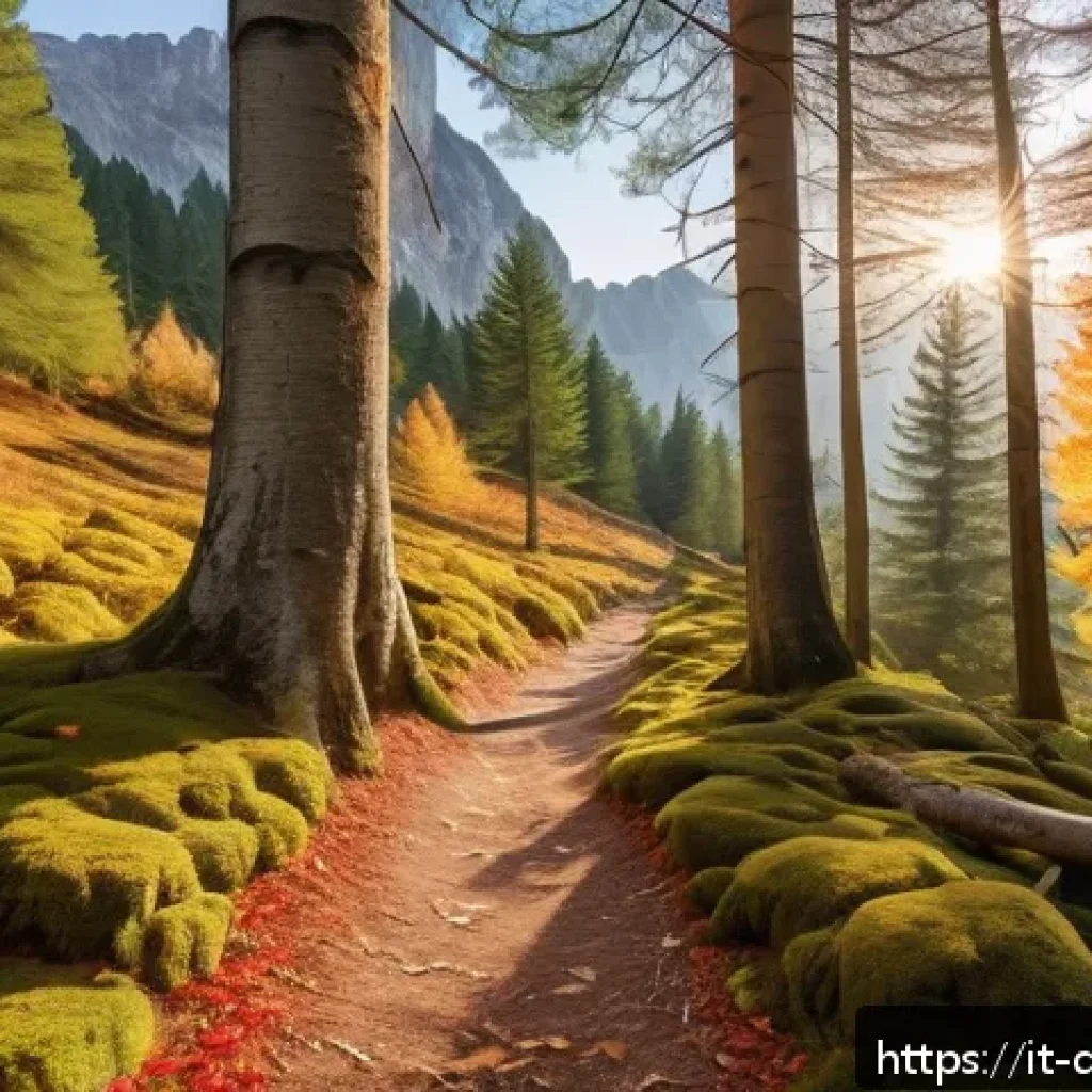 데블 M 사냥터 추천 - A serene alpine forest scene in Trentino during autumn, featuring tall red fir and larch trees with ...