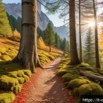 Home 19 데블 M 사냥터 추천 - A serene alpine forest scene in Trentino during autumn, featuring tall red fir and larch trees with ...