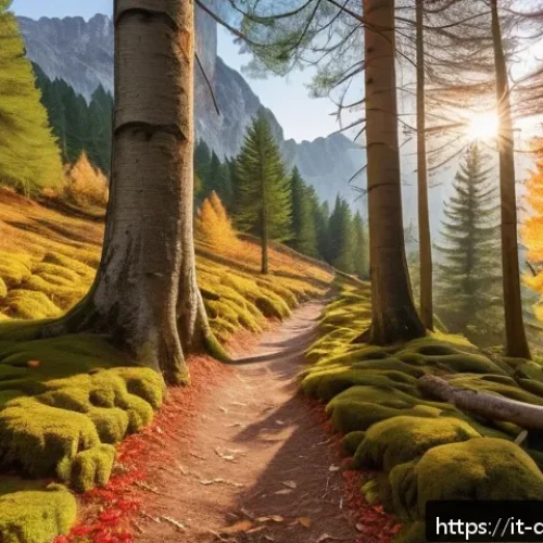 Home 31 데블 M 사냥터 추천 - A serene alpine forest scene in Trentino during autumn, featuring tall red fir and larch trees with ...