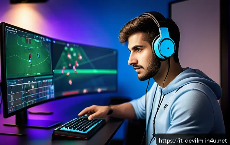데블 M 게임 코칭 서비스 - A dynamic esports coaching session scene set in a modern Italian gaming studio, featuring a focused ...