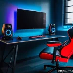 Home 23 데블 M 그래픽 설정 팁 - A high-end gaming setup showcasing a sleek, modern PC tower with RGB lighting, a 4K ultra-wide monit...