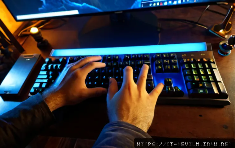 Home 17 데블 M 장비 강화 시스템 - Photorealistic close-up of an Italian fantasy gamer’s hands using a mouse and keyboard at a tidy hom...